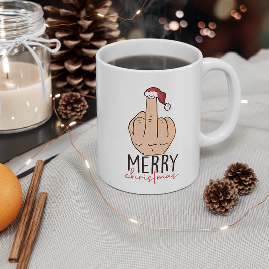 Middle Finger Merry Christmas Mug, Perfect Holiday Cheer Coffee Mug, Gift Mug for Christmas Spirit, Cute X-Mas mug for Family and friends