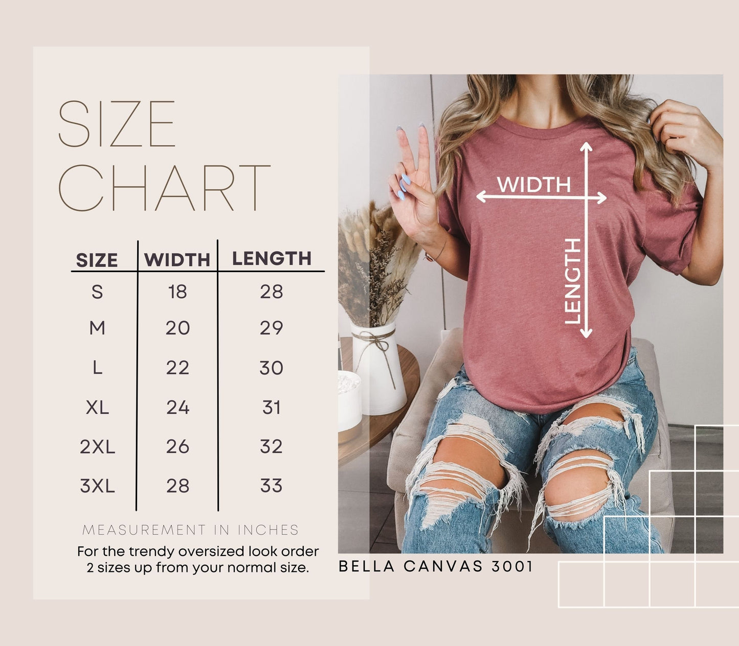 Size Chart for Bella and Canvas  T Shirt.  features size, width and leg length.  Visit Scorpion Tees and More to find your Perfect shirt.  www.scorpiontees.etsy.com