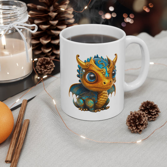 Golden Blue Adorable Baby Dragon Coffee Mug, Heart of a Dragon Mug, White Ceramic Mug for Dragon Lovers, Gift Mug for your Dragon Spirit