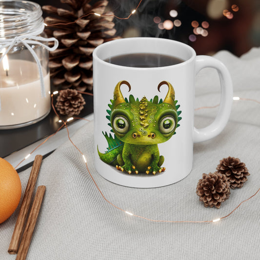 Golden Green Adorable Baby Dragon Coffee Mug, Heart of a Dragon Mug, White Ceramic Mug for Dragon Lovers, Gift Mug for your Dragon Spirit