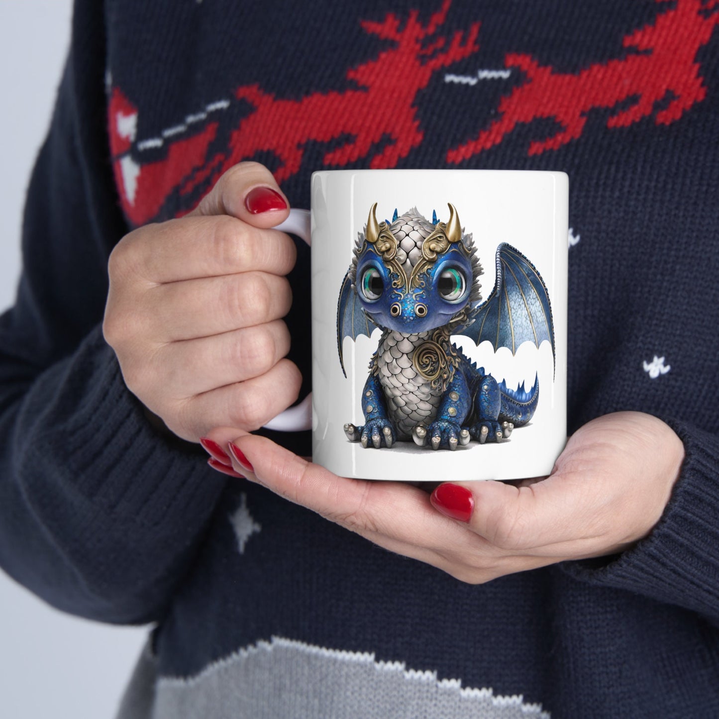 Blue Silver Adorable Baby Dragon Coffee Mug, Heart of a Dragon Mug, White Ceramic Mug for Dragon Lovers, Gift Mug for your Dragon Spirit