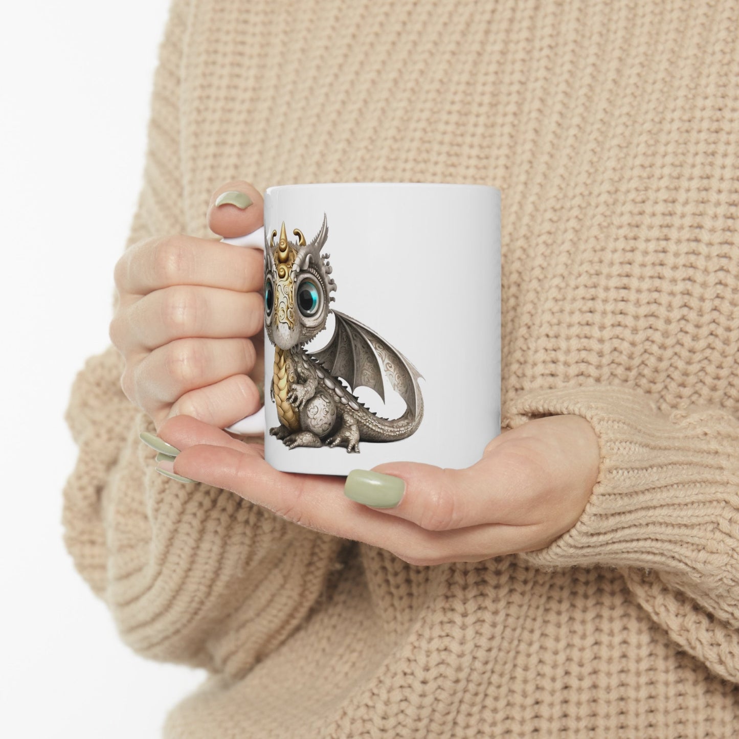 Silver Gold Adorable Baby Dragon Coffee Mug, Heart of a Dragon Mug, White Ceramic Mug for Dragon Lovers, Gift Mug for your Dragon Spirit