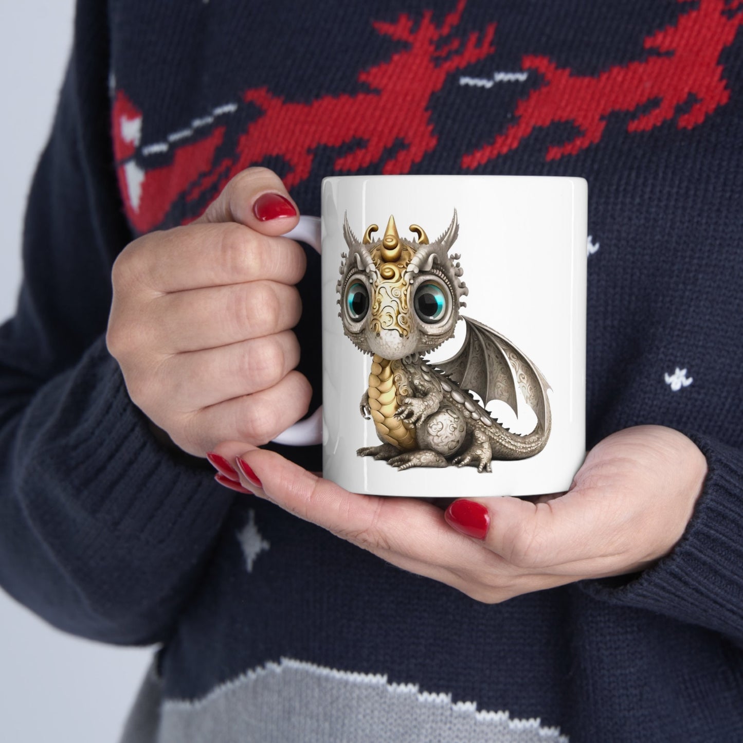 Silver Gold Adorable Baby Dragon Coffee Mug, Heart of a Dragon Mug, White Ceramic Mug for Dragon Lovers, Gift Mug for your Dragon Spirit