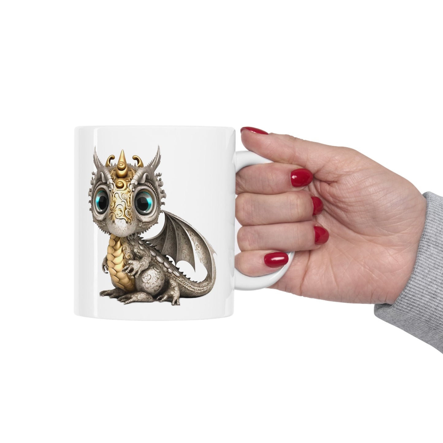 Silver Gold Adorable Baby Dragon Coffee Mug, Heart of a Dragon Mug, White Ceramic Mug for Dragon Lovers, Gift Mug for your Dragon Spirit