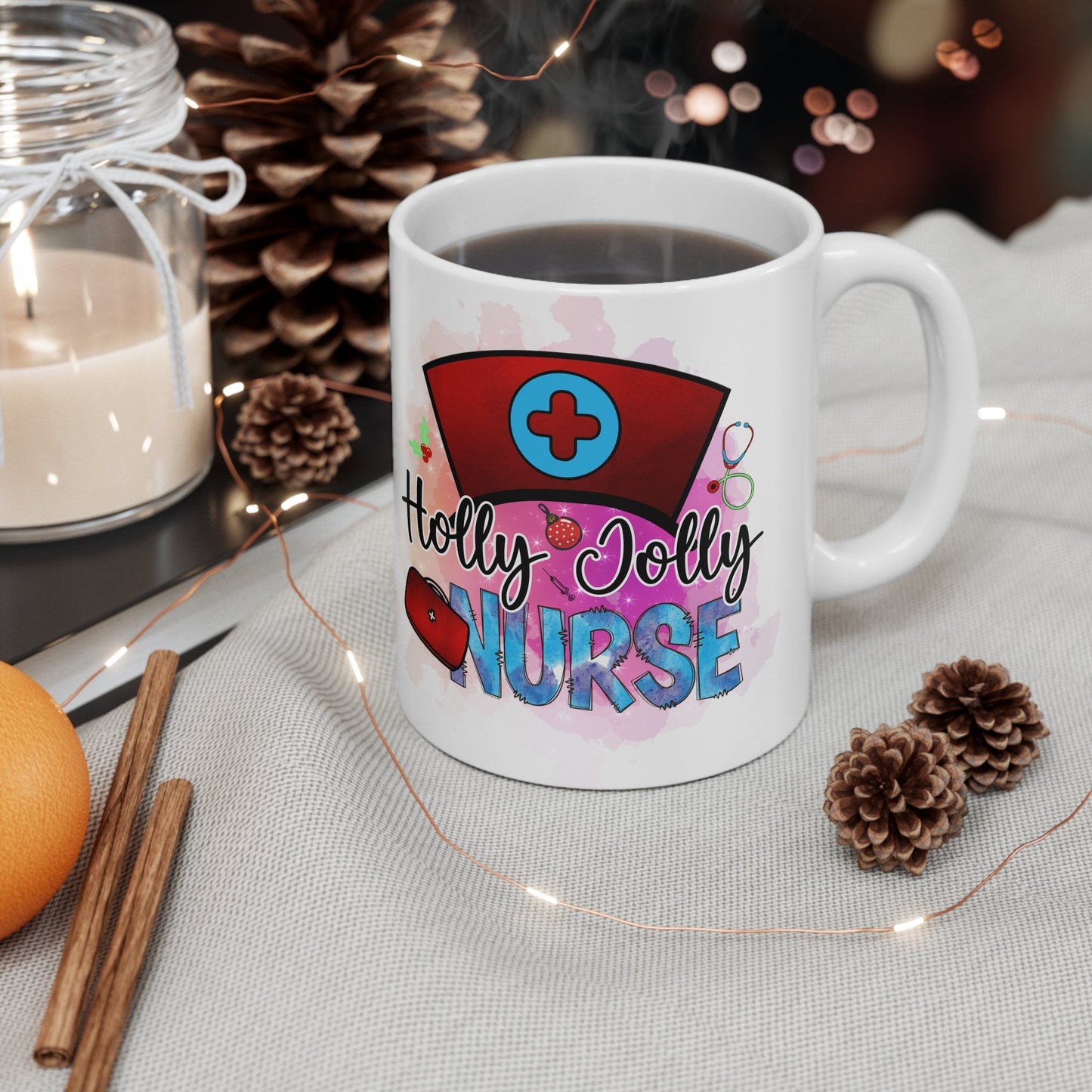 Holly Jolly Nurse Christmas Mug, Perfect Holiday Cheer Coffee Mug, Gift Mug for Christmas Spirit, Cute Christmas mug for Family and friends