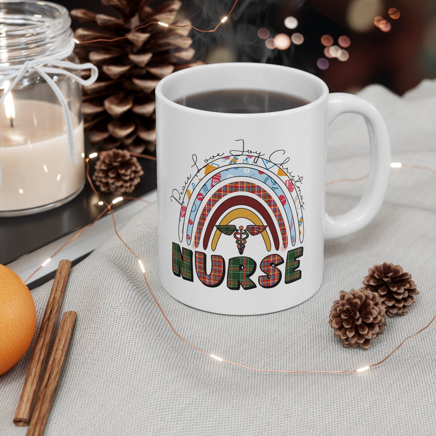 Peace Joy Love Nurse Christmas Mug, Perfect Holiday Cheer Coffee Mug, Gift Mug for Christmas Spirit, Cute X-Mas mug for Family and friends