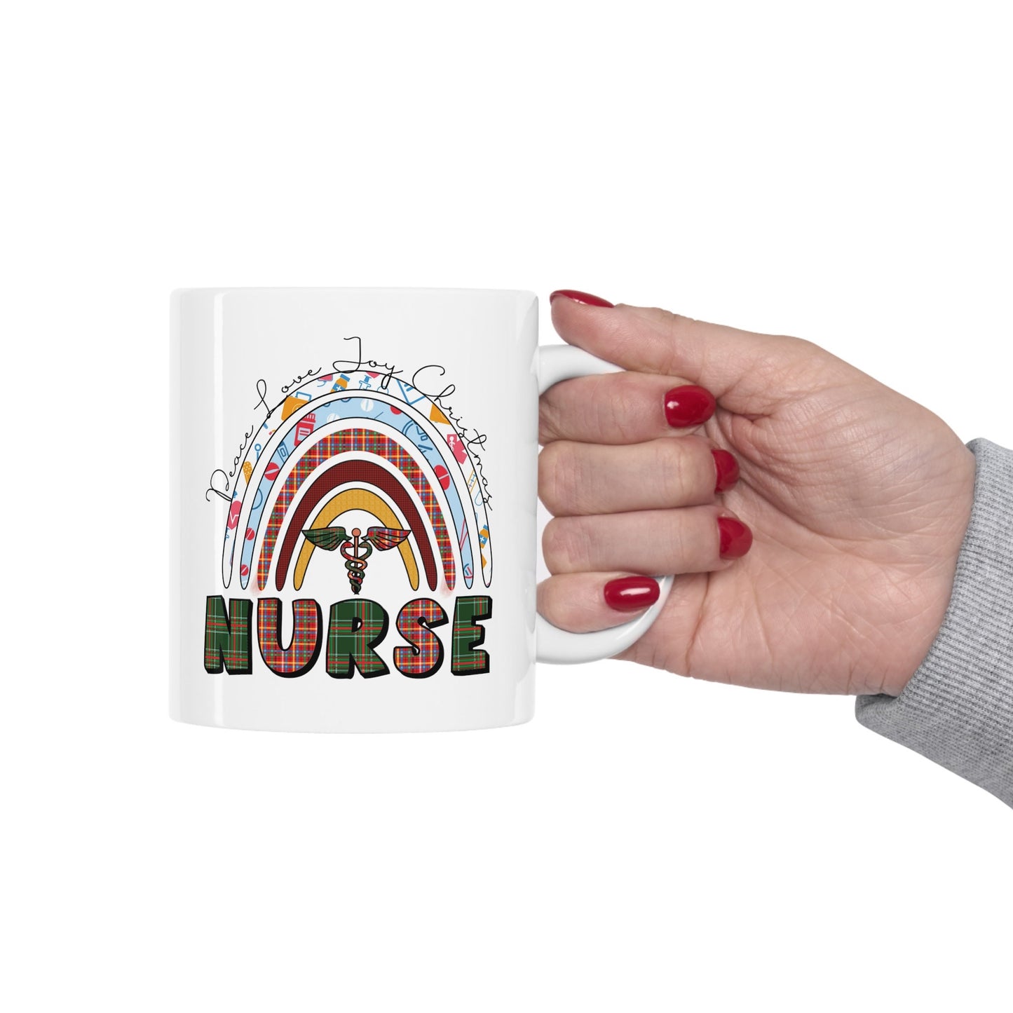 Peace Joy Love Nurse Christmas Mug, Perfect Holiday Cheer Coffee Mug, Gift Mug for Christmas Spirit, Cute X-Mas mug for Family and friends