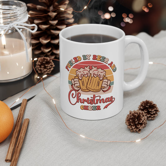 Fueled by Beer Christmas Mug, Perfect Holiday Cheer Coffee Mug, Gift Mug for Christmas Spirit, Cute X-Mas mug for Family and friends