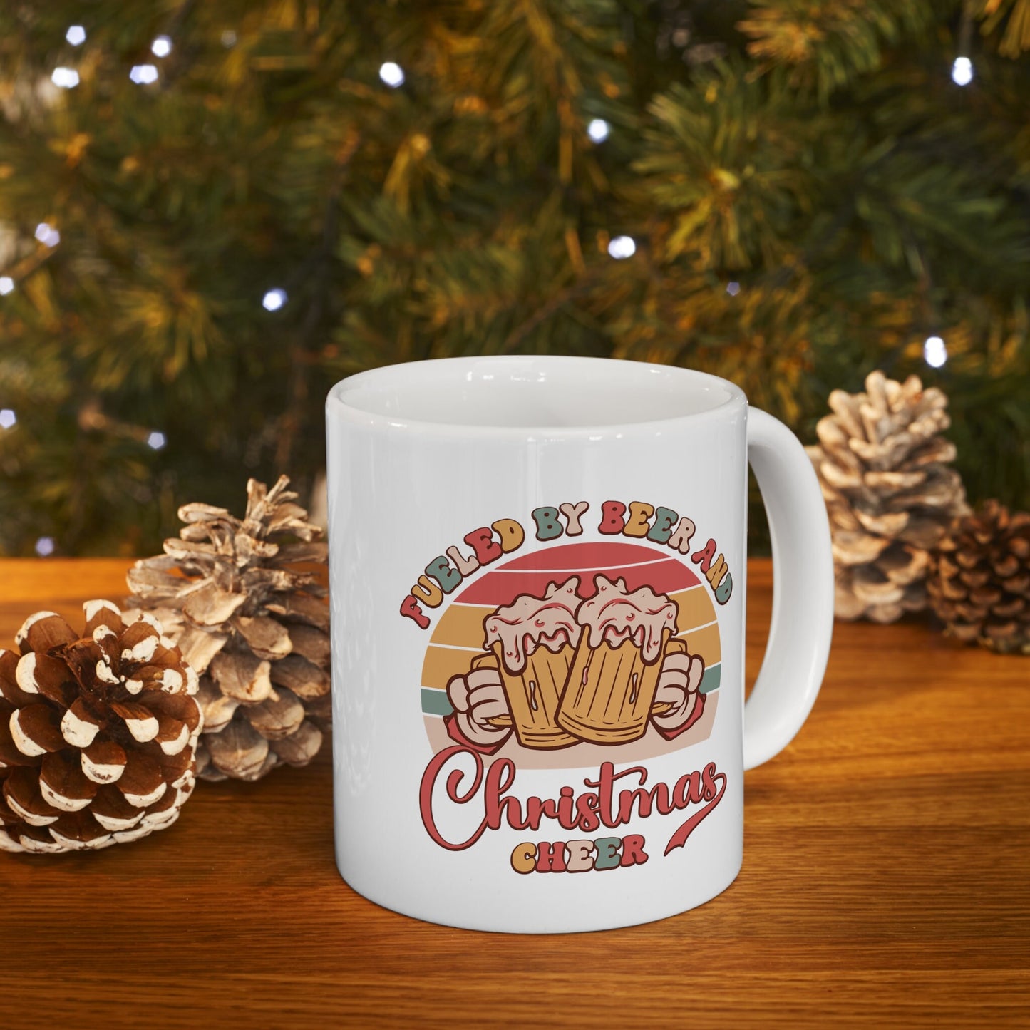 Fueled by Beer Christmas Mug, Perfect Holiday Cheer Coffee Mug, Gift Mug for Christmas Spirit, Cute X-Mas mug for Family and friends