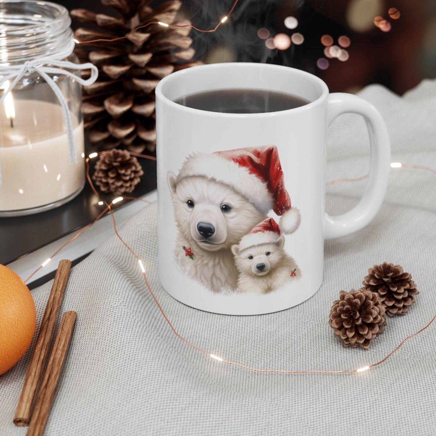 Polar Bear Santa Hat Christmas Mug, Perfect Holiday Cheer Coffee Mug, Gift Mug for Christmas Spirit, Cute X-Mas mug for Family and friends