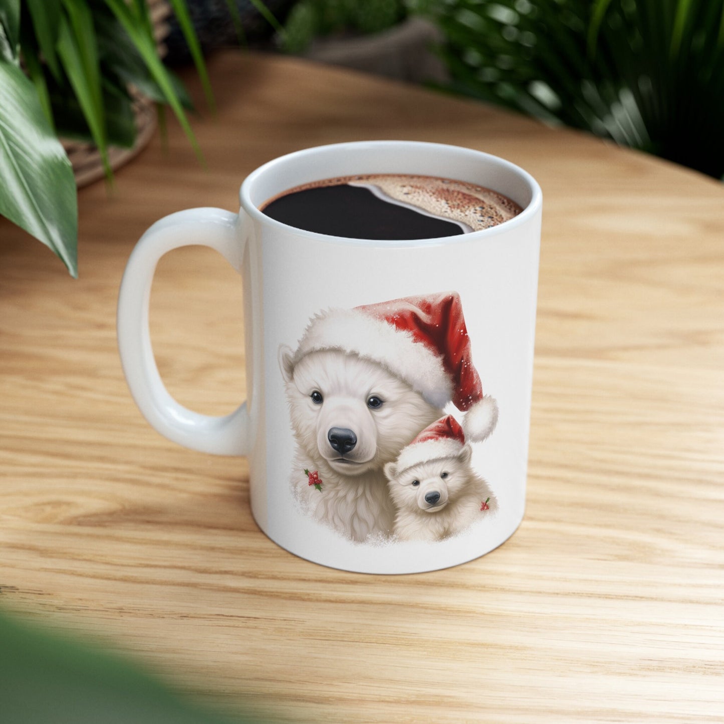 Polar Bear Santa Hat Christmas Mug, Perfect Holiday Cheer Coffee Mug, Gift Mug for Christmas Spirit, Cute X-Mas mug for Family and friends