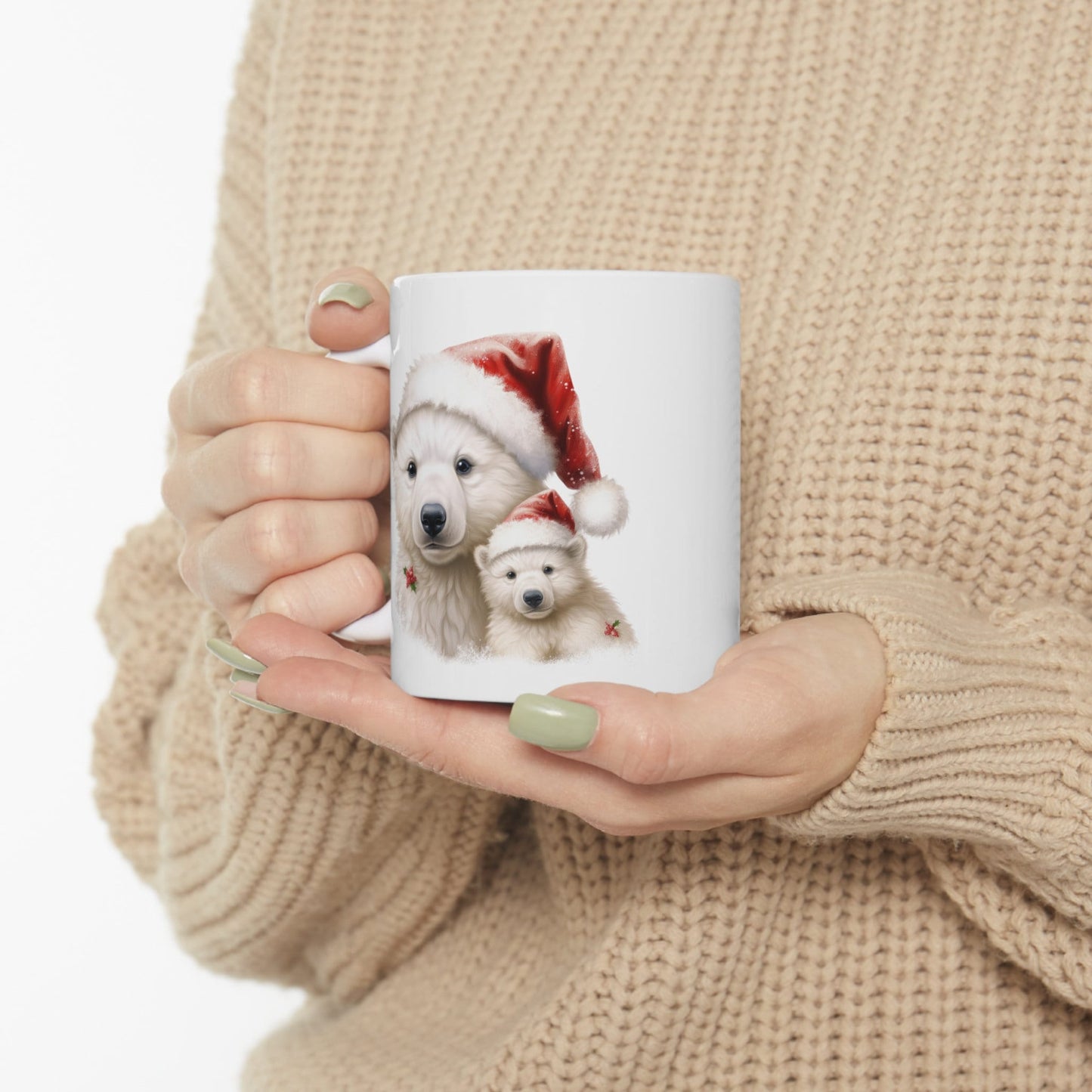 Polar Bear Santa Hat Christmas Mug, Perfect Holiday Cheer Coffee Mug, Gift Mug for Christmas Spirit, Cute X-Mas mug for Family and friends