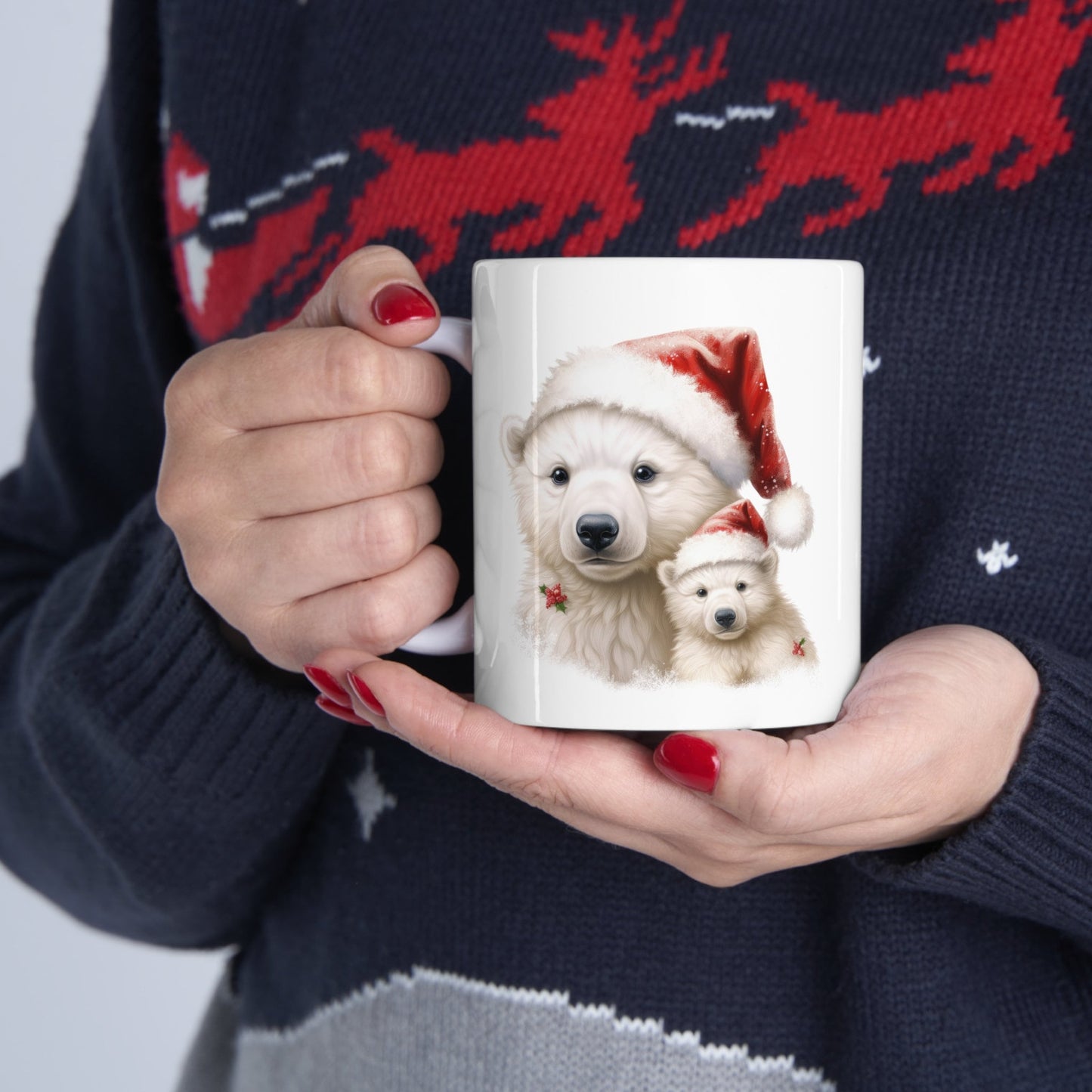 Polar Bear Santa Hat Christmas Mug, Perfect Holiday Cheer Coffee Mug, Gift Mug for Christmas Spirit, Cute X-Mas mug for Family and friends