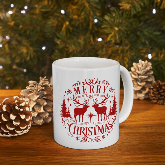 Merry Christmas Deer Christmas Mug, Perfect Holiday Cheer Coffee Mug, Gift Mug for Christmas Spirit, Cute X-Mas mug for Family and friends