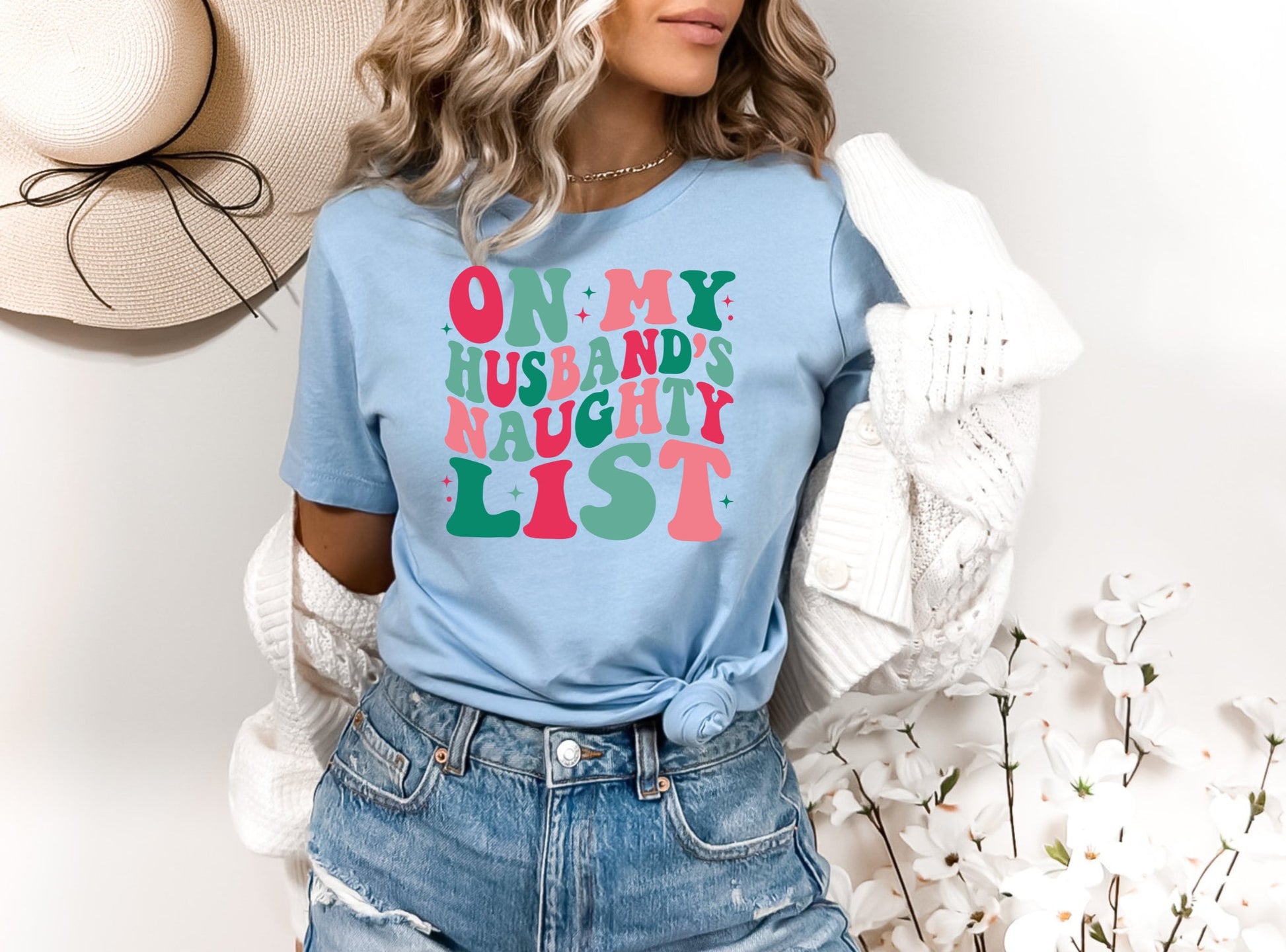 The On My Husbands Naughty List Christmas Shirt Makes the Perfect Gift for Friends, Family, Coworkers or yourself.  Check Out My Shop for even more Great Designs. www.scorpiontees.etsy.com