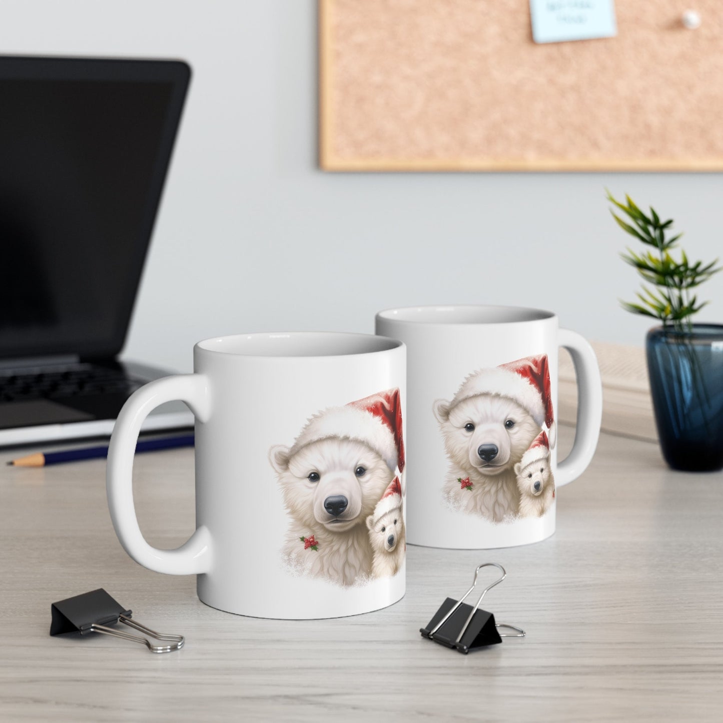 Polar Bear Santa Hat Christmas Mug, Perfect Holiday Cheer Coffee Mug, Gift Mug for Christmas Spirit, Cute X-Mas mug for Family and friends