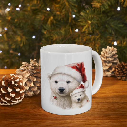 Polar Bear Santa Hat Christmas Mug, Perfect Holiday Cheer Coffee Mug, Gift Mug for Christmas Spirit, Cute X-Mas mug for Family and friends