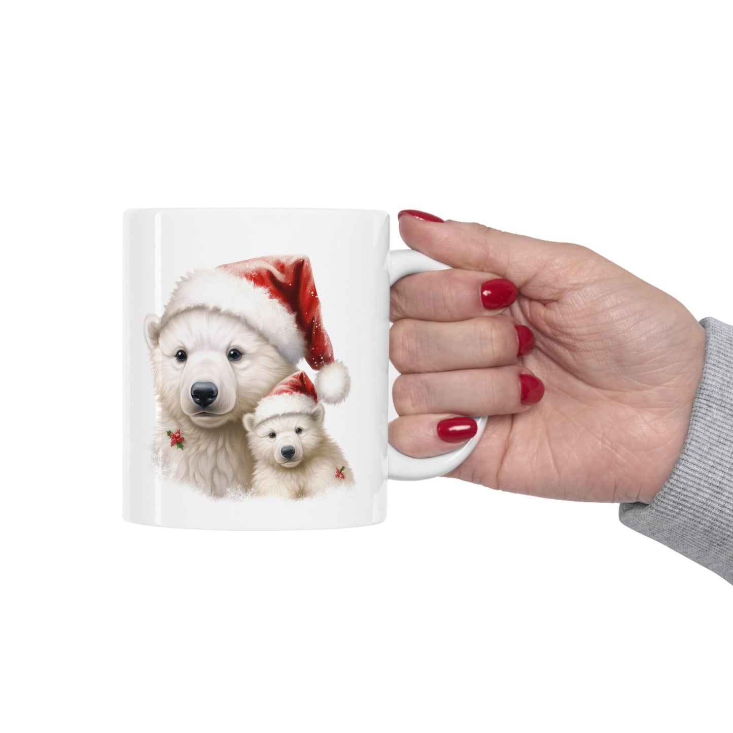 Polar Bear Santa Hat Christmas Mug, Perfect Holiday Cheer Coffee Mug, Gift Mug for Christmas Spirit, Cute X-Mas mug for Family and friends